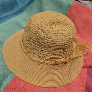 Elegant Tan Woven Hat with Feather Accent